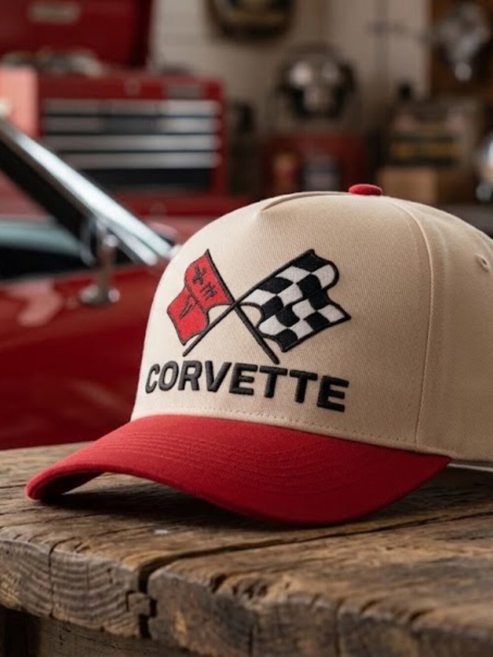 Retro Vintage C3 Corvette Crossed Flags Tan Red Pinch Front Snapback Trucker Hat